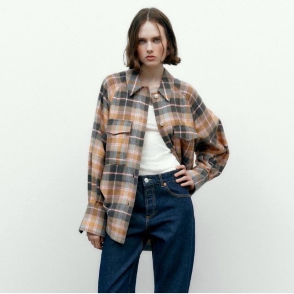 Zara Plaid Shacket Shirt Jacket Medium Gray Pink and Orange